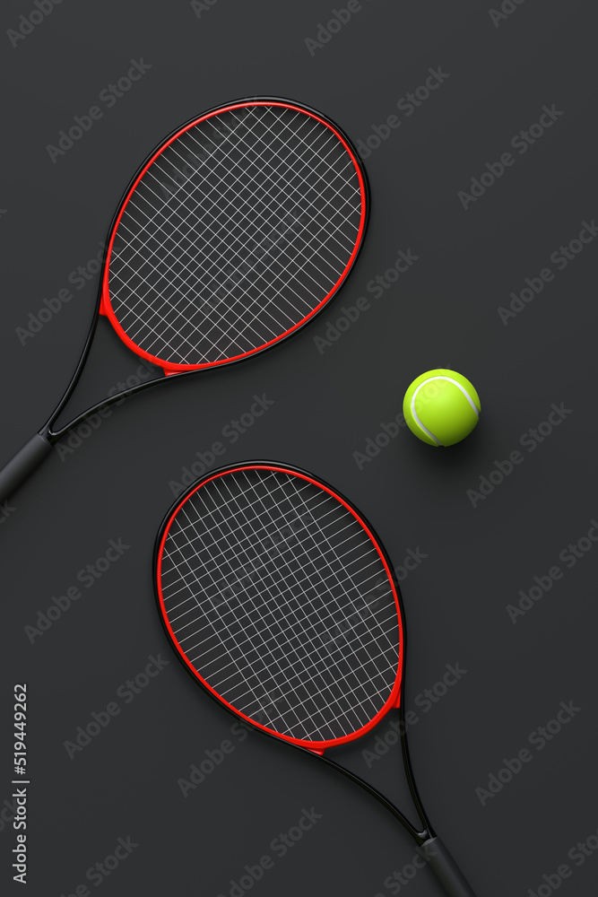 Tennis Racket with Tennis Ball on a black background. Top view. 3d Rendering Illustration