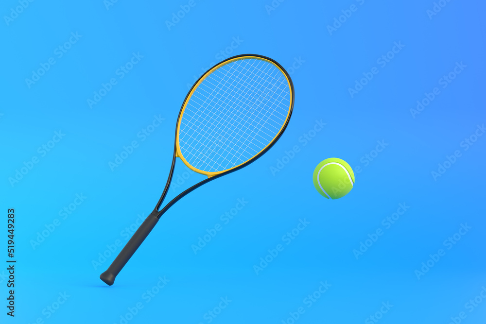 Tennis Racket with Tennis Ball on a blue background. Front view. 3d Rendering Illustration