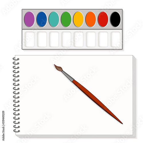 Paint, Paintbrush, Spiral Sketchbook Paper Pad with Copy Space for Fine Art Painting and Illustration, isolated on white background