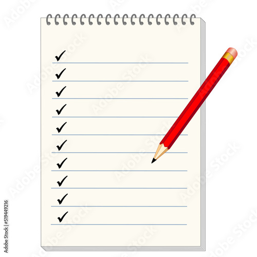 Spiral Notebook with Copy Space, Check Marks, Big Red Lead Pencil, isolated on white background