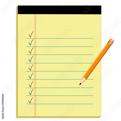 Yellow Paper Legal Notepad with Copy Space, Check Marks, Lead Pencil, isolated on white background