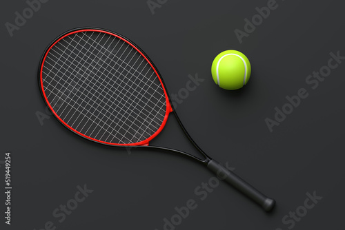 Tennis Racket with Tennis Ball on a black background. Top view. 3d Rendering Illustration © Andrii