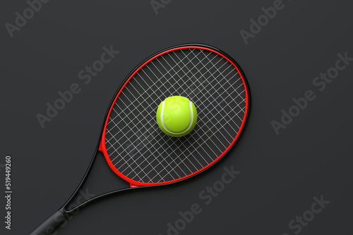 Tennis Racket with Tennis Ball on a black background. Top view. 3d Rendering Illustration © Andrii
