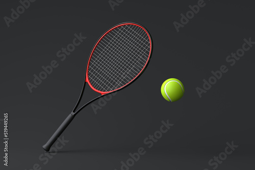 Tennis Racket with Tennis Ball on a black background. Top view. 3d Rendering Illustration