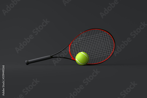 Tennis Racket with Tennis Ball on a black background. Front view. 3d Rendering Illustration © Andrii