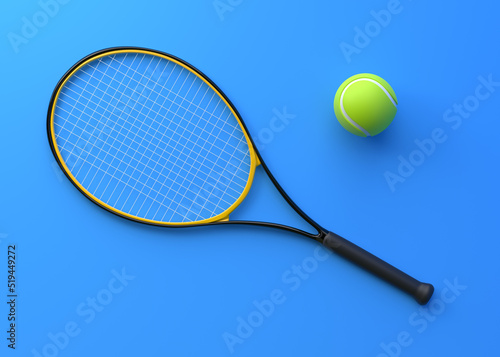 Tennis Racket with Tennis Ball on a blue background. Top view. 3d Rendering Illustration © Andrii