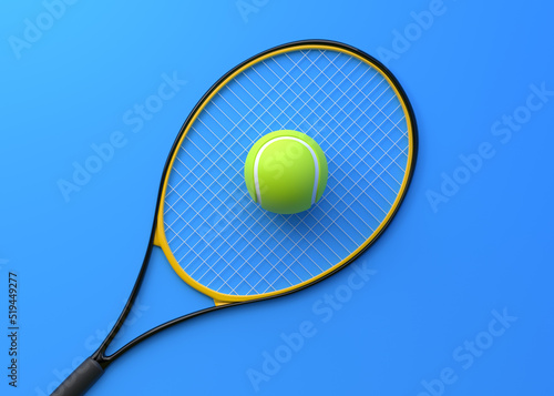 Tennis Racket with Tennis Ball on a blue background. Top view. 3d Rendering Illustration © Andrii