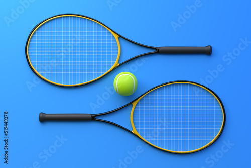 Tennis Racket with Tennis Ball on a blue background. Top view. 3d Rendering Illustration
