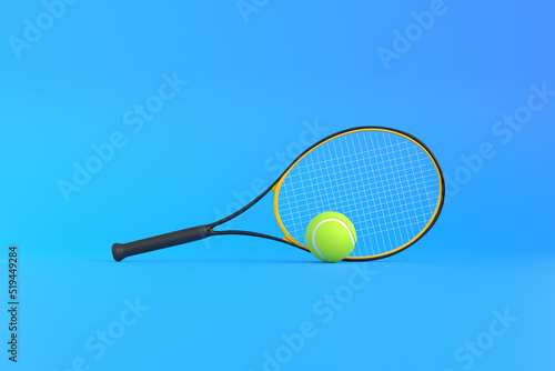 Tennis Racket with Tennis Ball on a blue background. Front view. 3d Rendering Illustration © Andrii