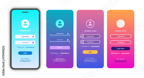 Vector login form page template set on trendy gradient background for app development, smartphone mockups, website ui elements, online login form, registration, user profile, access to account. 10 eps