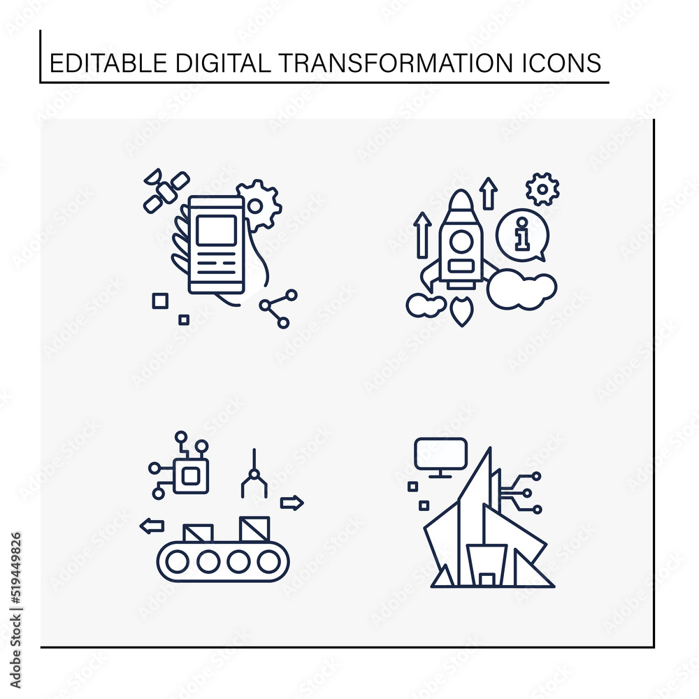 Digital transformation line icons set. Industrialization, modern office ...