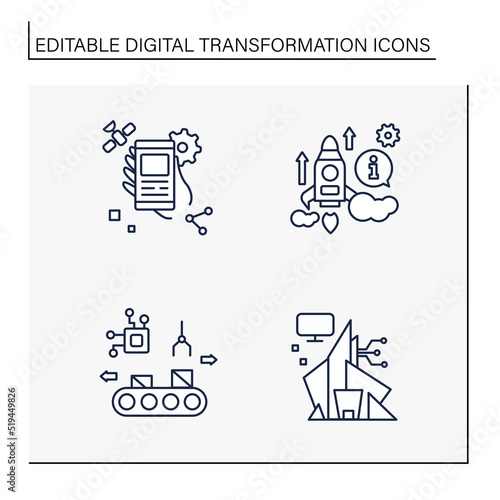 Digital transformation line icons set. Industrialization, modern office, manufacturing. Industry 2.0. Future concept.Digital transformation concept.Isolated vector illustration.Editable stroke