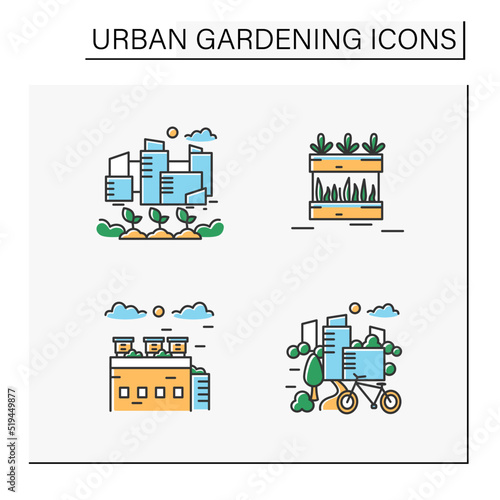 Urban gardening color icons set. Modern landscape. Free parkland for relaxation. Beekeeping, farming. Earth day concept. Isolated vector illustrations