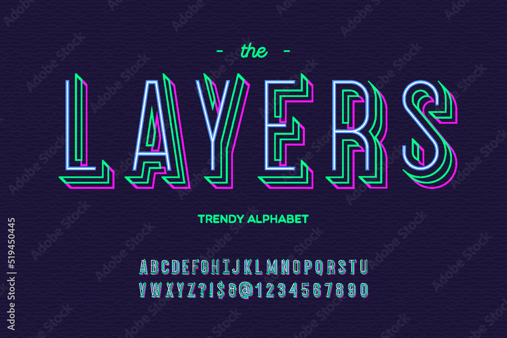 Layers font. Alphabet modern typography sans serif colorful line style for party poster, printing on fabric, t shirt, promotion, decoration, stamp, label, special offer. Vector Illustration 10 eps