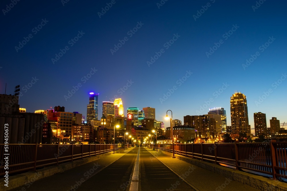 Night view of Stone Arch Bridge and downtown Minneapolis, Minnesota