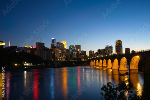 Night view of Stone Arch Bridge and downtown Minneapolis, Minnesota
