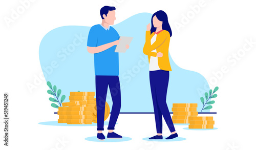 Couple savings and finances - Man and woman planning and discussing economy in front of money. Flat design vector illustration with white background