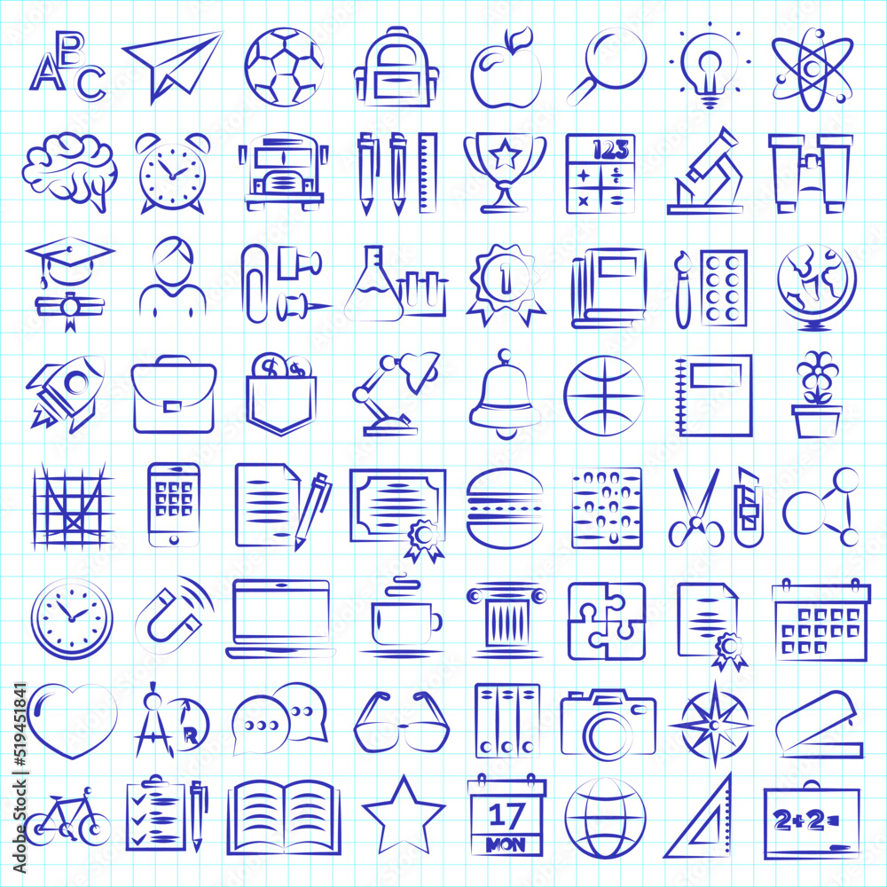 Set of school and education hand drawn icons school supplies on checkered background. Vector Illustration.
