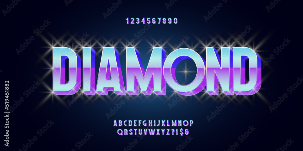 Vector diamond font 3d bold style trendy typography for infographics, motion graphics, video, decoration, logotype, party poster, t shirt, book, futuristic animation, banner, game, printing