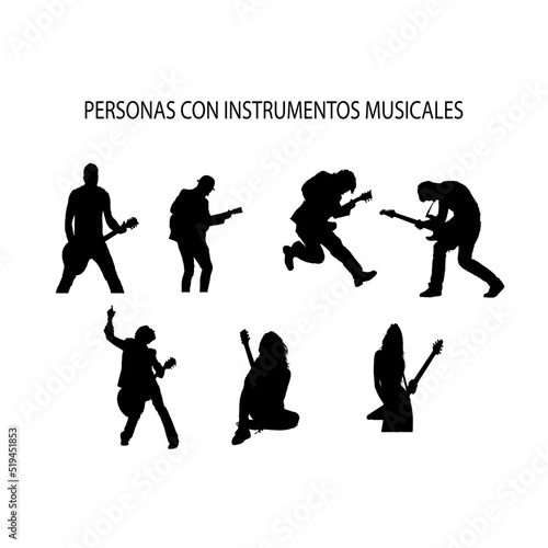 Personas con instrumentos musicales, silueta vectorial.
