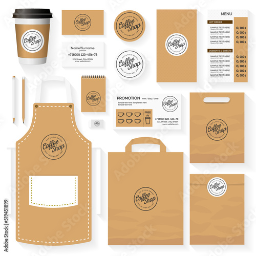 Coffee shop identity template design set with coffee shop logo. Restaurant cafe set card, flyer, menu, package, uniform design set. Stock vector