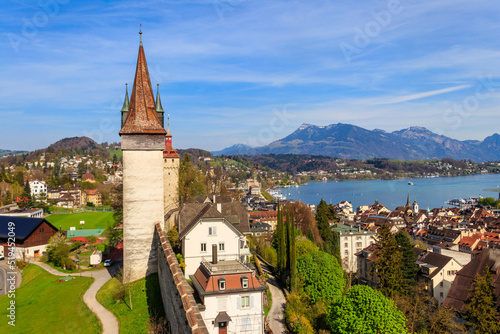 Canvas Print Top view on Lake Lucerne and old town with Musegg wall and towers in Lucerne cit