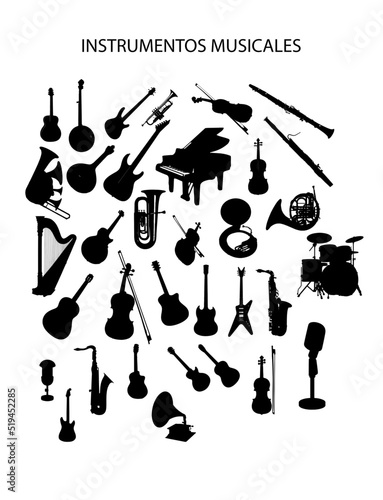 Instrumentos musicales, silueta vectorial.