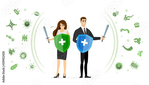 Healthy immune system and epidemiology concept. Man and woman with shields and swords protected from viruses and germs. Infection and bacteria prevention and protection. People immunity protect vector