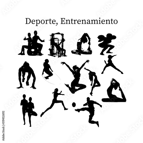 Entrenamiento, personas realizando ejercicios, silueta vectorial.
