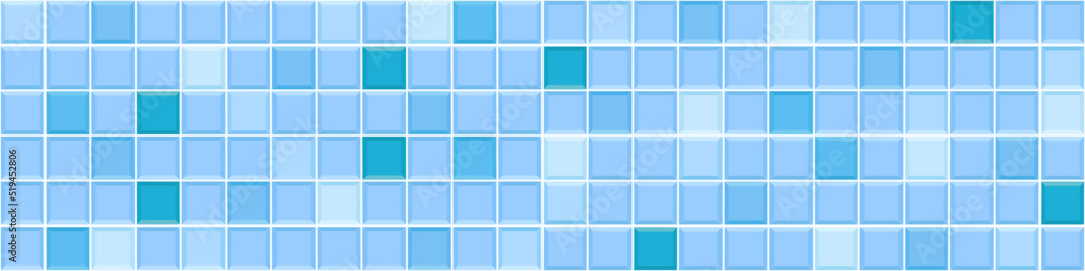 Blue square tile seamless pattern. Swimming pool floor background. Bathroom or toilet ceramic or glass wall texture. Interior or facade mosaic surface. Vector flat illustration