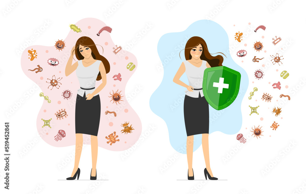 Woman healthy and disease immune system comparison concept. Strong immunity girl protected from viruses and germs and unhealthy sick female susceptible to infection. Bacteria prevention and protection Woman healthy and disease immune system comparison concept. Strong immunity girl protected from viruses and germs and unhealthy sick female susceptible to infection. Bacteria prevention and protection