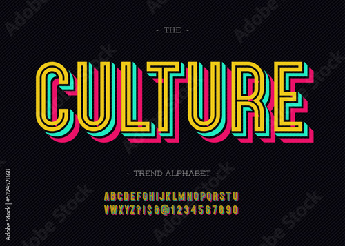 Vector bold culture font trendy typography color style for decoration, logo, party poster, t shirt, book, greeting card, sale banner, printing on fabric. Cool 3d typeface. Modern alphabet. 10 eps