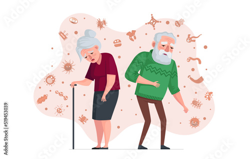 Elderly people weak immune system concept. Unhealthy old man and ill senior woman surrounded by viruses and germs. Pensioners risk get sick during pandemic infection. Age person without immunity. Eps photo