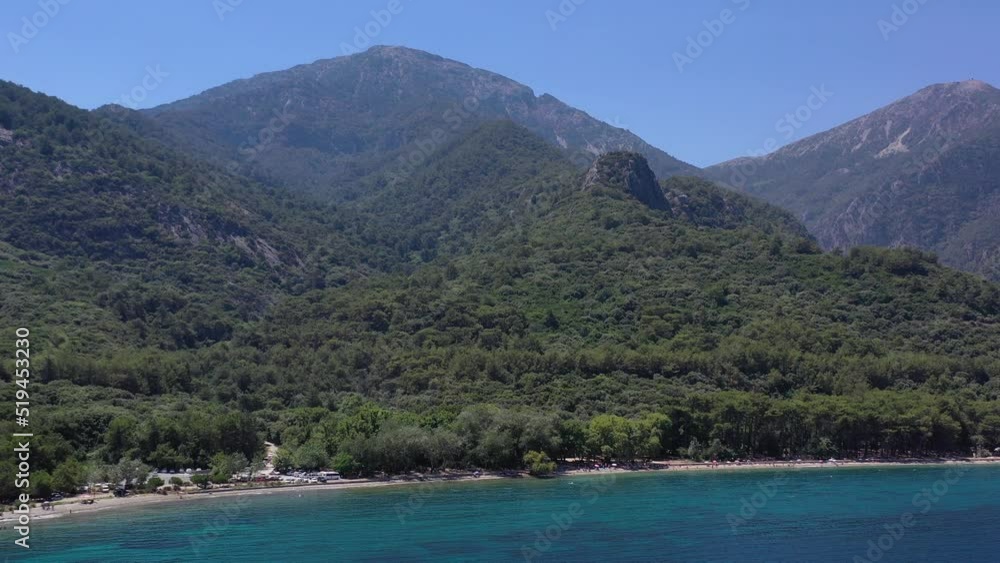 Forest drone video with sea and beach. Nature landscape drone video. Clear beach drone film. Forest drone video with sea and beach. Nature landscape drone video. Clear beach drone film.