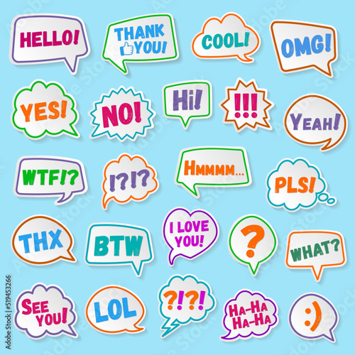 Stickers of speech bubbles color set with shadows isolated on blue background. Acronyms and abbreviations. Vector Illustration