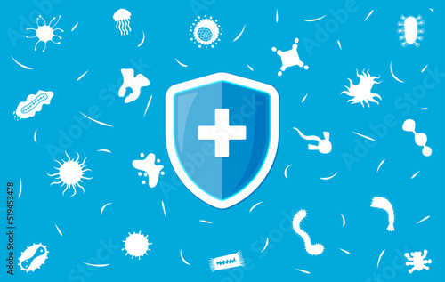 Hygienic shield with white cross protecting from virus. Germs and bacteria protection banner. Healthy immunity and hygiene concept vector eps illustration