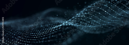 A wave of dots and lines of network connection. Technological background. 3D rendering.