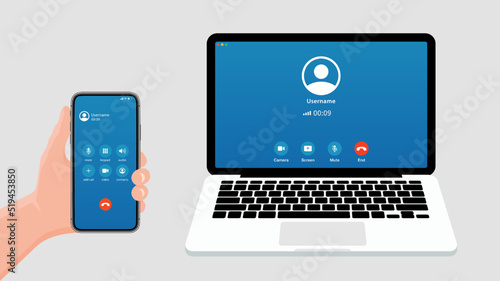Screen video call interface template. UI icons for phone chat. Mockup of web app conference, webinar design for business. Vector. Digital flat illustration of display with buttons and voice concept
