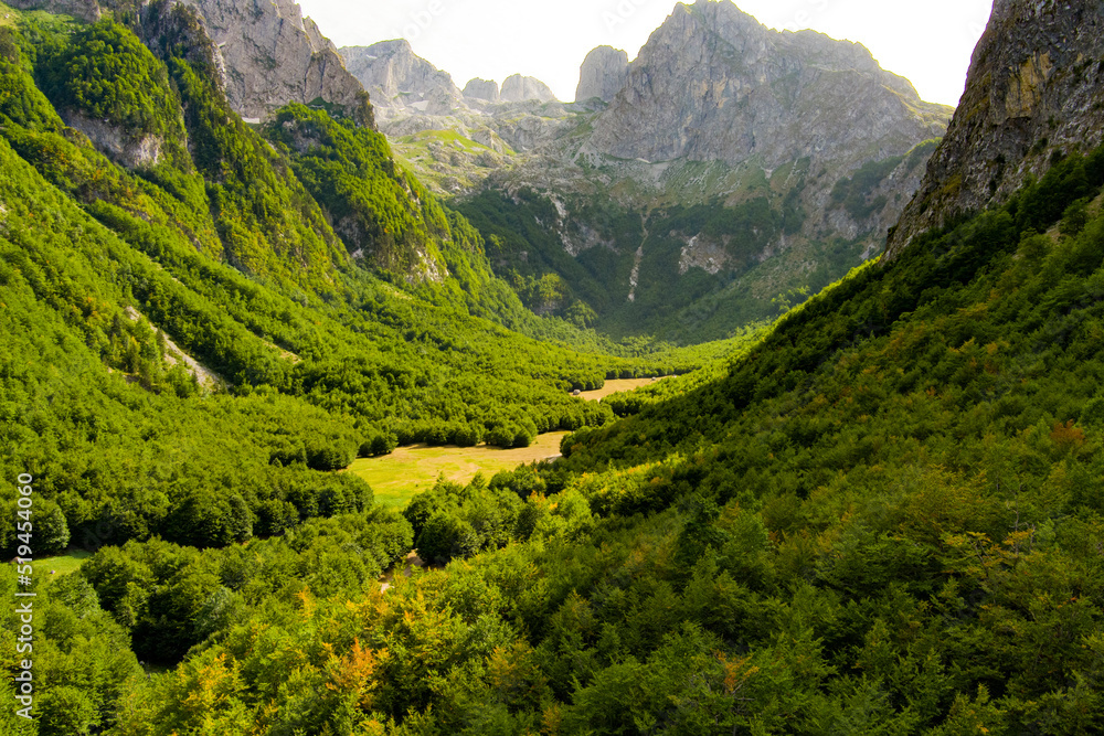 Montenegro. Prokletiye National Park. Summer. Mountain green valley. Popular tourist spot. Drone. Aerial view