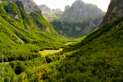 Montenegro. Prokletiye National Park. Summer. Mountain green valley. Popular tourist spot. Drone. Aerial view