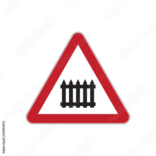 International road sign railroad crossing without barrier isolated on white background. Railroad ahead warning traffic symbol. Vector illustration.
