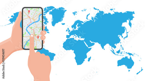 Phone with map and gps in hand. Hand holding mobile cartoon flat smartphone with map location app and world map on background for navigation on roads of city and travel with route on screen. Vector
