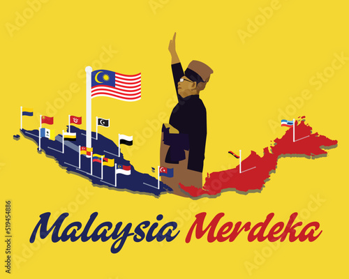A vector of Malaysia Independence Day. States and Flag with map. Malaysia Merdeka meaning, Independence of Malaysia.