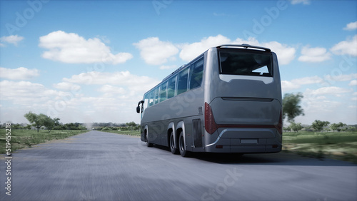 Touristic bus very fast driving on highway. Tourism, travel concept. 3d rendering. © 3D motion
