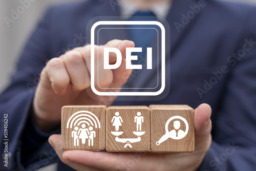 Concept of DEI Diversity Equality Inclusion Belonging Human Rights. Man promotes of DEI as diversity people group communication. photo