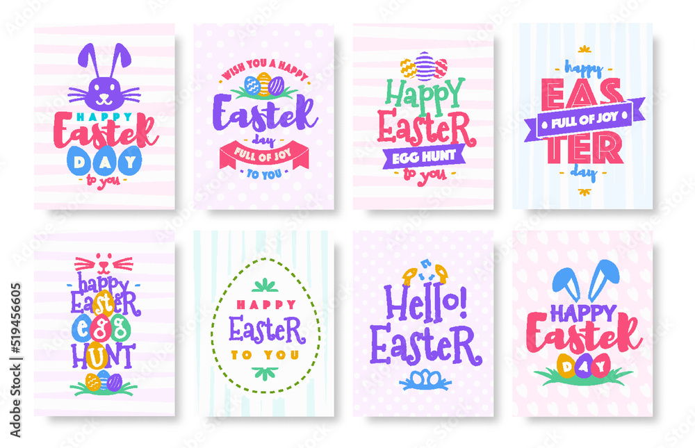 Vector happy easter greeting card set with typography wishes colorful style for promotion, party poster, banner sale, tag, decoration, stamp, label, special offer