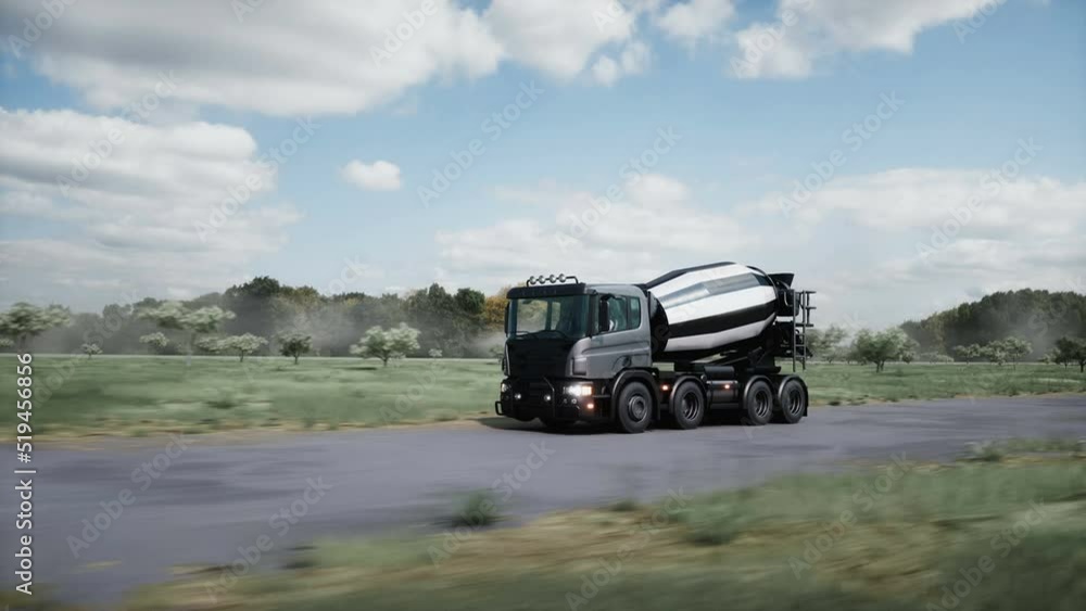 Cement truck very fast driving on highway. Building concept. Realistic 4k animation. Cement truck very fast driving on highway. Building concept. Realistic 4k animation.