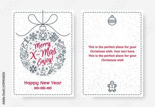 Christmas greeting card set with ball consisting sign Merry X mas enjoy and holiday icons - snowflake, santa, gift on snow holiday background gradient style. Vector Illustration