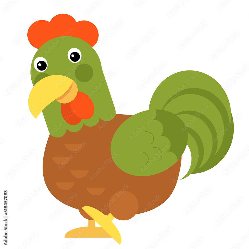 Cartoon scene chicken hen rooster is standing illustration