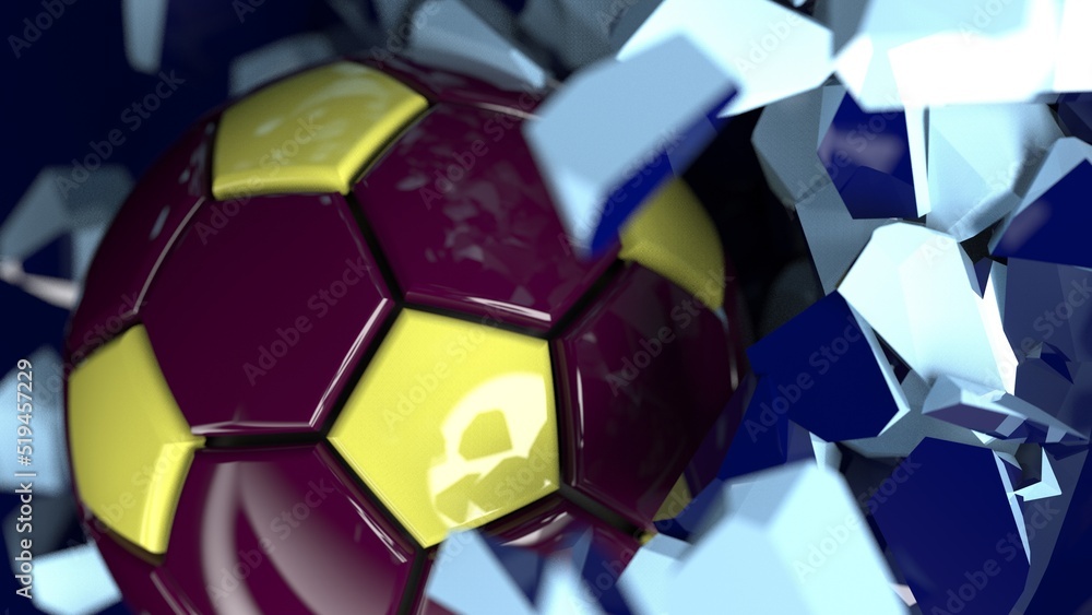Dark Red-Yellow Soccer ball breaking with great force through blue wall under spot light background. 3D high quality rendering. 3D illustration. 3D CG. Dark Red-Yellow Soccer ball breaking with great force through blue wall under spot light background. 3D high quality rendering. 3D illustration. 3D CG.